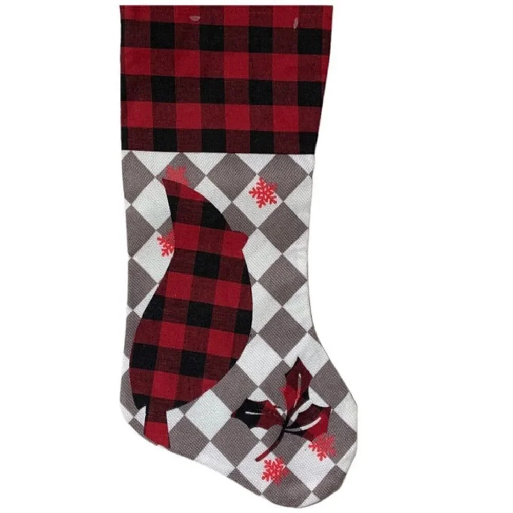 Christmas Stocking Cardinals Buffalo Check Plaid Red Black 17 inch 2 Piece